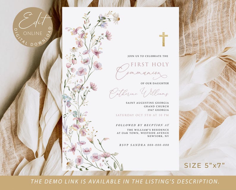 Girls First Communion Invitation Template, Pink Wildflower First Communion, Printable Invite, Instant Download, Editable Invitation