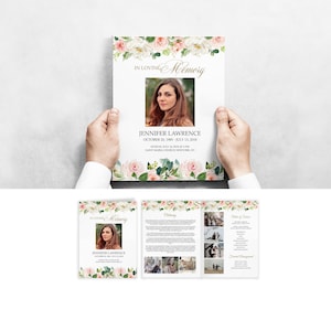 Plantilla editable de programa funerario con rosas blancas y rosadas, programa de servicio conmemorativo floral, programa de obituario doble Tamaño de carta 8.5x11" F113