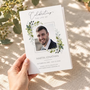 Greenery Funeral Program Template, Editable Memorial Service Brochure #F39