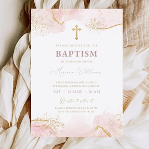 Modèle d'invitation de baptême fille modifiable, carte d'invitation de baptême aquarelle rose imprimable, baptême rose or, téléchargement immédiat, #BP23
