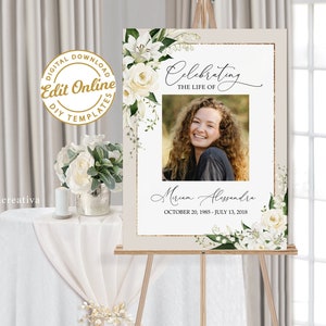Modello di cartello di benvenuto per funerali, cartello commemorativo del giglio bianco, celebrazione della vita, poster commemorativo per funerali, cartello funebre n. F25