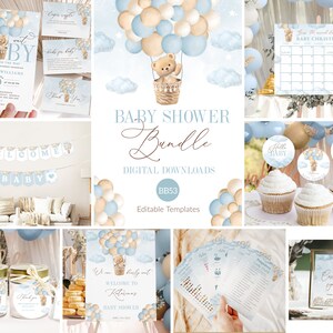Bear Blue Balloon Baby Shower Invitation Bundle We Can Bearly Wait Baby Shower Invite Games Sign Bundle Bear Boy Baby Shower Printable #BB53
