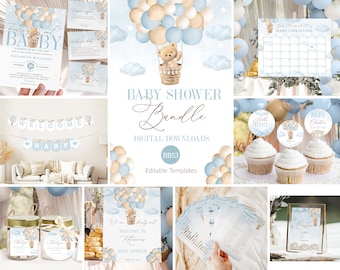 Bear Blue Balloon Baby Shower Invitation Bundle We Can Bearly Wait Baby Shower Invite Games Sign Bundle Bear Boy Baby Shower Printable #BB53