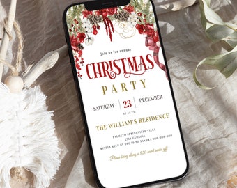 May include: A smartphone displays a Christmas party invitation. The invitation features red and gold text with floral and pinecone accents. The text reads "CHRISTMAS PARTY" and includes the date, time, and location.
