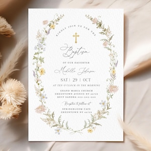 Editable Baptism Invitation Template,  Wildflower Baptism, Printable Baptism Invite, Instant Download, Baby Christening Invitation, #BP171