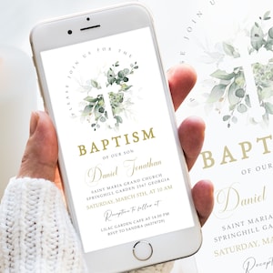Editable Electronic Baptism Invitation Template Greenery Baptism Invite Christening Evite Digital Baptism Invite, Baptism Phone Invite #BP36
