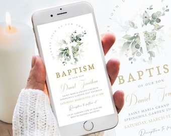 Editable Electronic Baptism Invitation Template Greenery Baptism Invite Christening Evite Digital Baptism Invite, Baptism Phone Invite #BP36