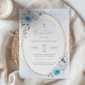 Modèle d'invitation de baptême ovale bleu, fleurs bleues modifiable carte d'invitation de baptême bleu imprimable, invitation de baptême téléchargement immédiat #BP156