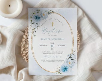 May include: Blue and white floral baptism invitation with gold glitter accents. The invitation features a cross, the text "Baptism of our son", the name "Samuel Jonathan", the date "March 10, 2024", the time "04:00 PM", the location "Saint Maria Grand Church, Springhill 2367 Georgia", and the reception details.