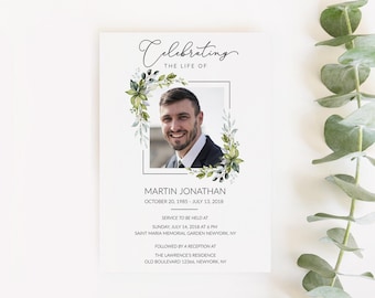 Editable Greenery Funeral Invitation Green Funeral Announcement Template In Loving Memory Invitations Obituary Invite With Photo #F39