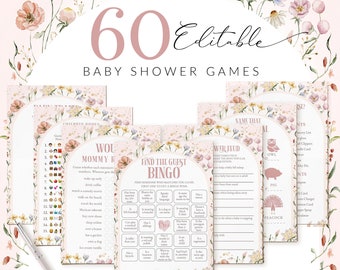 May include: A set of printable baby shower games with a floral design. The games include "Find the Guest Bingo", "Mommy or Me", "Name That Animal", and "Flower Feud".