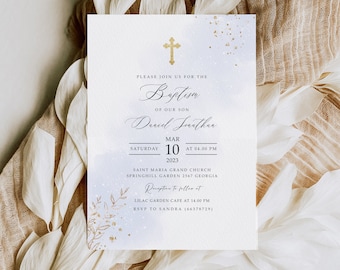 Modern Baptism Invitation Template, Boy Baptism Invitation Phone, Blue Watercolor Boys Gold Baptism Invite Digital Invite Christening #BP123