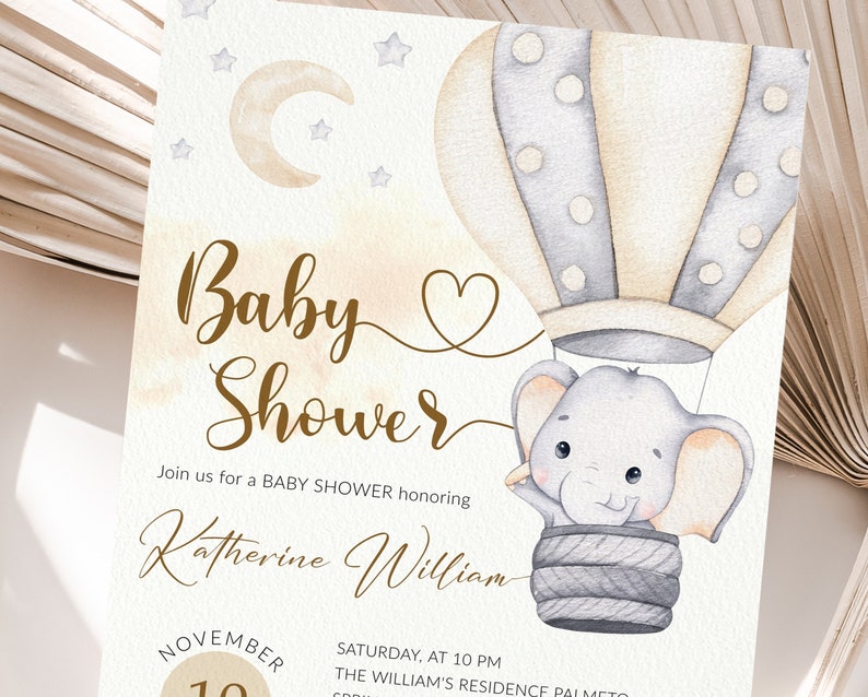 Editable Hot Air Balloons Elephant Baby Shower Invitation Template ...