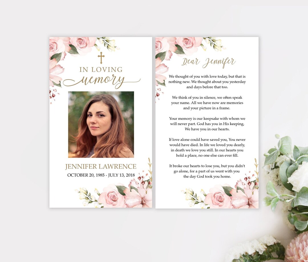 Floral Funeral Prayer Card Template Pink Roses editable Printable 