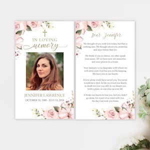 Modèle de carte modifiable de roses roses pour les funérailles Carte de prière commémorative florale Carte de prière pour les funérailles imprimable Téléchargement instantané #F11