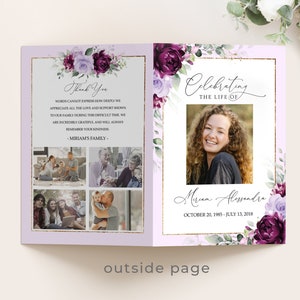 Editable Funeral Program Template, Funeral Memorial, Purple Roses Order Of Service, Celebration Of Life Program, Instant download