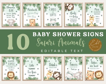 May include: Ten baby shower signs with safari animal illustrations. Each sign features a different message, such as "Momosa Bar" and "Diaper Raffle." The signs have a green and brown color scheme with editable text.