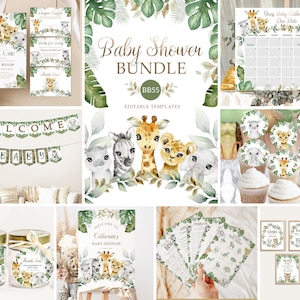 Editable Safari Animals Baby Shower Bundle  Safari Baby Shower Invites Set Jungle Animals Baby Shower Instant Download Gender Neutral BB55