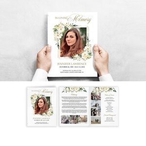 Plantilla de programa funerario plegable tamaño carta Rosa blanca Programa de servicio conmemorativo floral Programa de obituario Tamaño carta plegable 8.5x11" #F15
