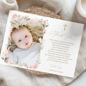 Carte de remerciement pour la première communion des filles, modèle photo rose rustique, imprimable pour baptême, téléchargement immédiat, faire-part de baptême de bébé #HC31