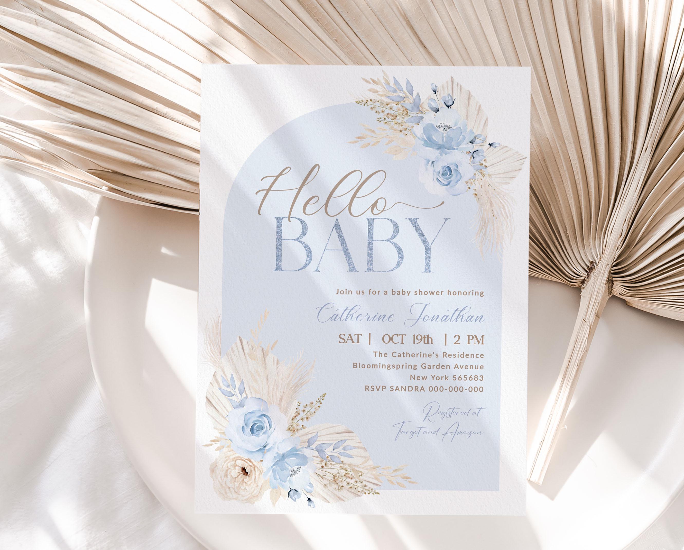 EDITABLE Blue Floral Pampas Grass Boho Baby Shower Invitation Template ...