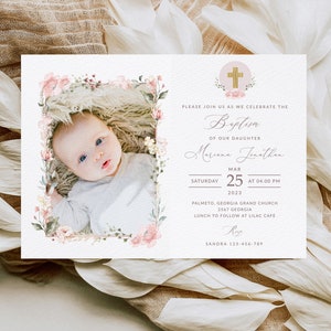 Modello di invito per battesimo del bambino con foto, fiori rosa rustici, modificabile, stampabile, battesimo rosa stampabile, battesimo rustico, download istantaneo, #BP125