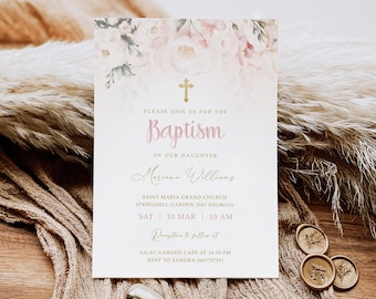 May include: A white baptism invitation with a pink floral design and gold accents. The text reads "Please join us for the Baptism of our daughter Meriana Williams, Saint Maria Grand Church, Springhill Garden 2567 Georgia, Sat 10 Mar 10 AM, Reception to follow at Lilac Garden Cafe at 14.00 PM, RSVP to Sandra (66378729)"