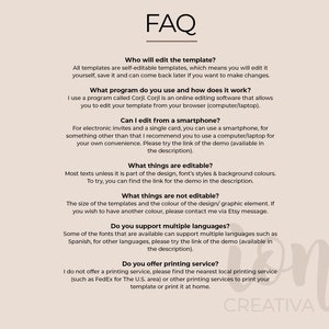 Peut inclure: Page FAQ avec des informations sur les mod&egrave;les modifiables. Le texte explique que les mod&egrave;les sont auto-modifiables et peuvent &ecirc;tre modifi&eacute;s &agrave; l'aide d'un programme appel&eacute; Corjl. Le texte explique &eacute;galement que les mod&egrave;les peuvent &ecirc;tre modifi&eacute;s &agrave; partir d'un smartphone ou d'un ordinateur, et que la plupart du texte est modifiable, mais pas la taille et la couleur de la conception. Le texte explique &eacute;galement que les mod&egrave;les prennent en charge plusieurs langues et que le vendeur ne propose pas de services d'impression.