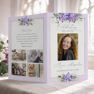 May include: A folded funeral programme with a light purple border and purple floral accents. The front features the text Celebrating the Life of Miriam Alessandra, dates, and a portrait. The inside includes a Thank You note and four photos.