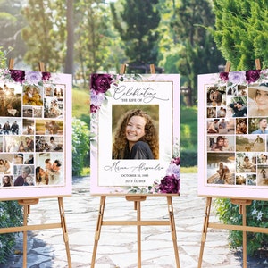 Juego de 3 plantillas para collage de funerales con rosas moradas, collage de fotos para funerales, letrero de bienvenida para funerales, póster conmemorativo, caballete de exhibición para funerales, n.° F51C