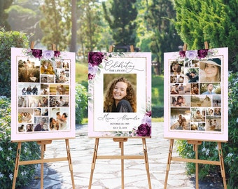 Purple Rose Funeral Collage Template Set of 3 Funeral Photo Collage Funeral Welcome Sign Bundle Memorial Poster Easel Display Memorial #F51C