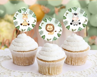 Adornos para cupcakes de jungla, baby shower de jungla, lindos animales de safari, decoración de comida para baby shower, adorno imprimible, editable, descarga instantánea #BB45
