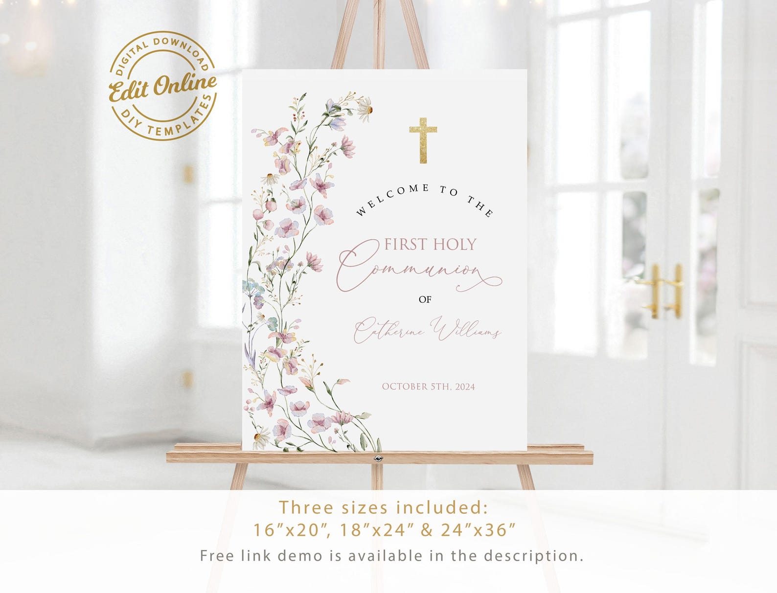 Editable Girl First Holy Communion Rustic Flower, Welcome Sign Template ...