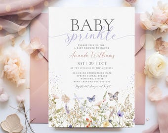 Sprinkle Baby Shower Invitation Template Wildflower Baby Shower Invite, Purple Floral Baby Sprinkle Invite Instant Download Printable #BB178