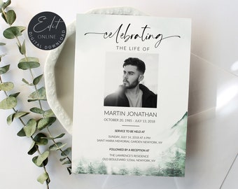 May include: A memorial card with the text "Celebrating the Life of" above a black and white photo of a man. The card includes the name "Martin Jonathan" and dates, with service and reception details.