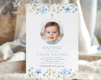 May include: Baptism invitation featuring a baby's photo, adorned with blue floral accents and a cross. The invitation includes the text "Baptism of our son Nathan Williams" and event details. The design is elegant and suitable for a religious celebration.