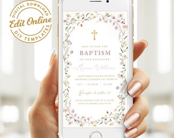 Invitación de bautismo para teléfono inteligente para niña, plantilla de invitación digital de bautismo con flores silvestres, invitación de bautismo rosa para niña, descarga instantánea #BP65
