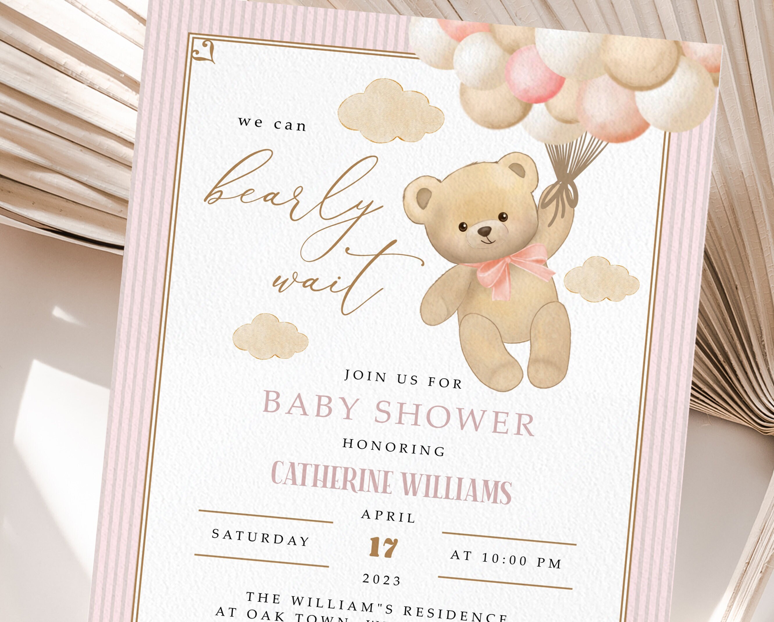 Pink Teddy Bear Baby Shower Invitation Template We Can Bearly Wait Girl ...