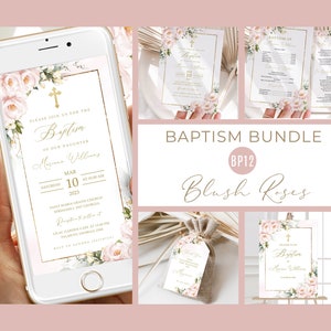 May include: A baptism bundle with blush pink roses and gold accents. The bundle includes a digital invitation, a program, a welcome sign, a favor tag, and a favor bag. The text on the invitation reads "Please join us for the Baptism of our daughter Mariana Williams. Saturday, March 10, 2023 at 10:00 AM. Saint Maria Grand Church, Springhill, GA. Reception to follow at Lilac Garden Cafe at 7:00 PM, Palmetto, Georgia 29681. RSVP to Sandra Lafferty."