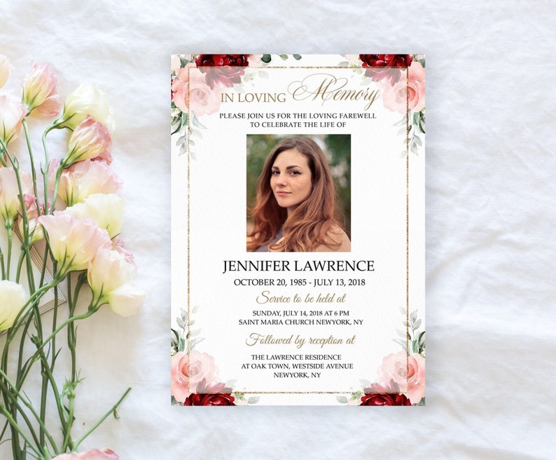 Editable Red Rose Funeral Invitation Funeral Announcement Template Floral Celebration of Life ...