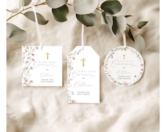 Wildflower Pink Flowers First Holy Communion Thank You Tag, EDITABLE Template, Rose Flowers Favor Stickers, First Communion Tags #HC56