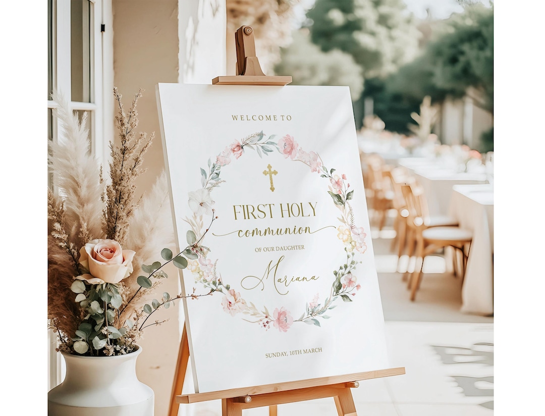 First Communion Welcome Sign Editable Girl First Communion Welcome Sign Template: Wildflower Pink ...