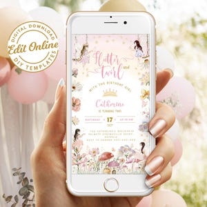 May include: A digital invitation for a girl's second birthday party. The invitation features a pink and gold colour scheme with a whimsical fairy theme. The text reads "Flutter and Twirl with the birthday girl Catherine is turning two. Saturday, 17th October at 10 AM. The Catherine's Residence, Palmetto Springville 62567, Georgia. RSVP to Sandra 000-000-000".