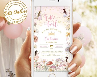 Digital Fairy Birthday Evite Template, Flutter and Twirl invitation, Editable Fairy Garden Digital Invite, Pink Girl Fairy Evite #BD14