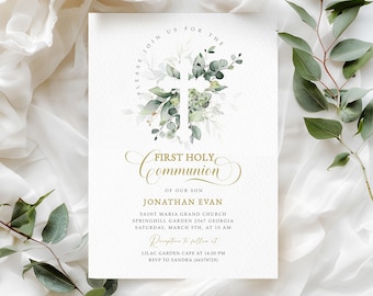 May include: A white card with a gold and green floral design. The text reads "Please join us for the First Holy Communion of our son Jonathan Evan. Saint Maria Grand Church, Springhill Garden 2567 Georgia, Saturday, March 5th, at 10 AM. Reception to follow at Lilac Garden Cafe at 14.00 PM. RSVP to Sandra (66378729)"