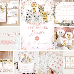 Paquete de invitaciones para baby shower de niña con animales de safari editables, conjunto de invitaciones para baby shower de niña en color rosa safari, descarga instantánea de baby shower con animales de la jungla #BB47