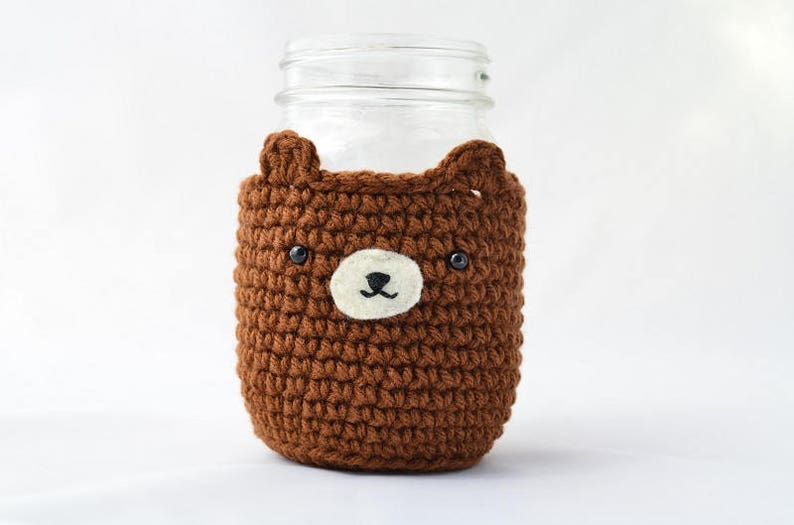 Crochet Cozy Bear Mason Jar Pattern Adorable Rustic Charm Cottage Decor Gift for Animal Lovers Nature Enthusiasts Coffee Drink Sleeve image 5