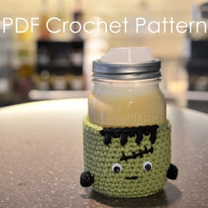 Crochet Frankenstein Mason Jar Cozy Pattern Spooky and Stitch-tacular Halloween Decor DIY Drink Sleeve Coffee Lovers Handmade Gift