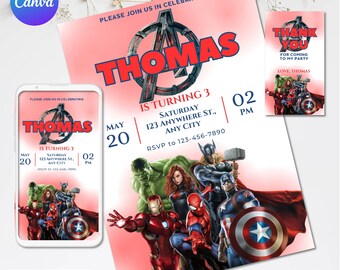 Superhero Birthday Invitation | Avengers Party Editable Template | Superheroes Party Invite | Editable Birthday Party Invitation | canva