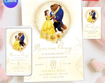 beauty and the beast invitation, digital disney princess belle birthday party invitation, beauty and the beast party decor download, CANVA